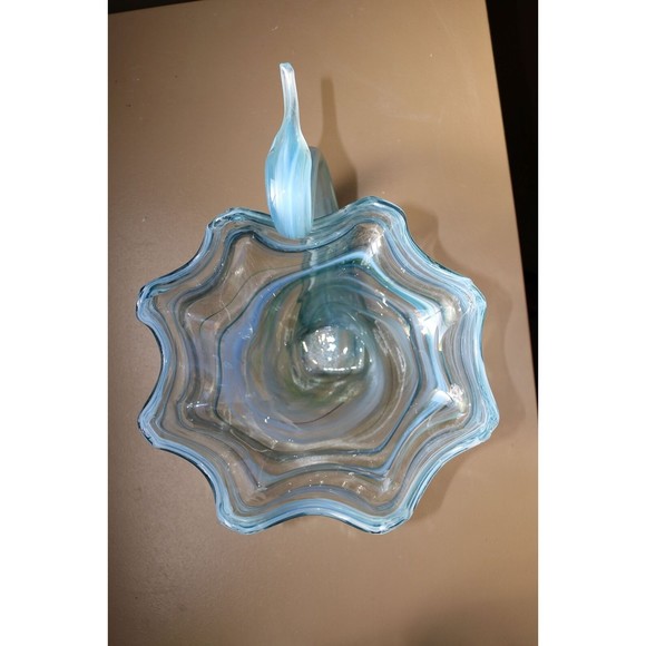 1970s Sooner Glass Multi Color Blue Swirl Swan Bowl with Ruffled Rim - Picture 6 of 9